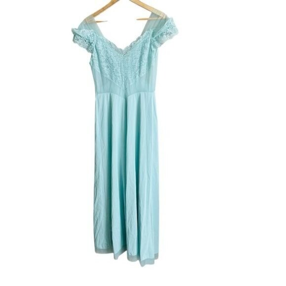 Vintage 1970’s Vanity Fair teal pale Blue Slip Dress Size 36 Small With Lace - Picture 3 of 10